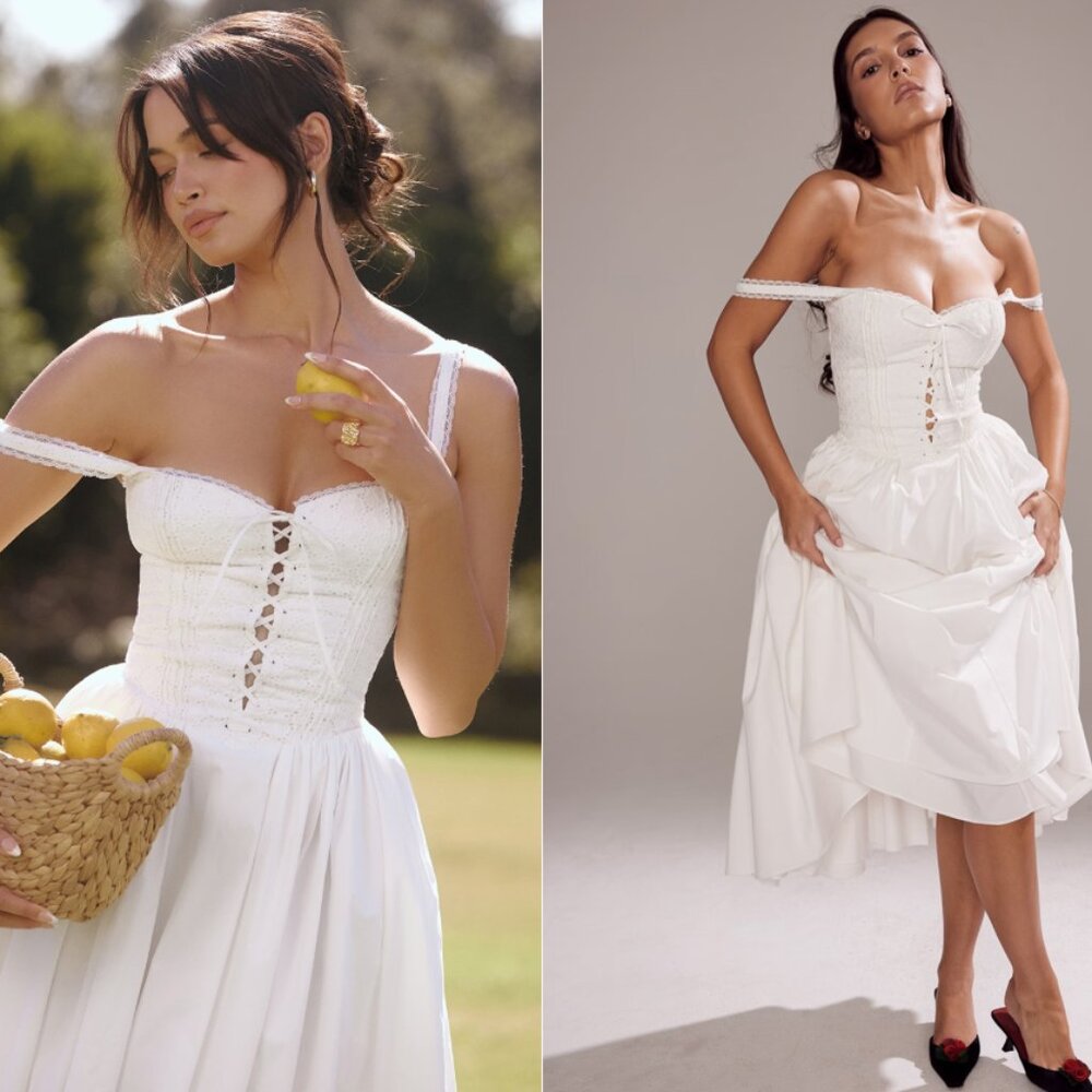 HOUSE OF CB 'Milia' White Broderie Anglais&Cotton Midi Dress NWOT